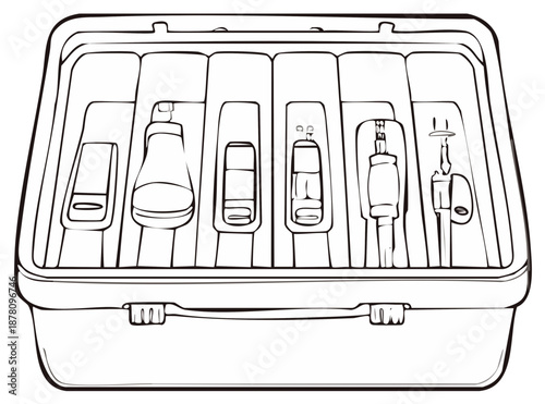 Organized toolkit with various implements and containers neatly arranged inside