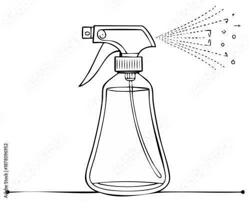 Monochrome line art illustration of a spray bottle dispensing a fine mist perfect for cleaning gardening or hair care