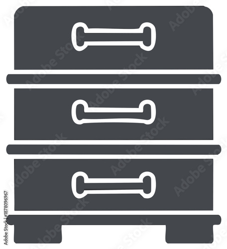 Three drawer chest silhouette illustration. Simple art of storage cabinet with drawer pulls design.