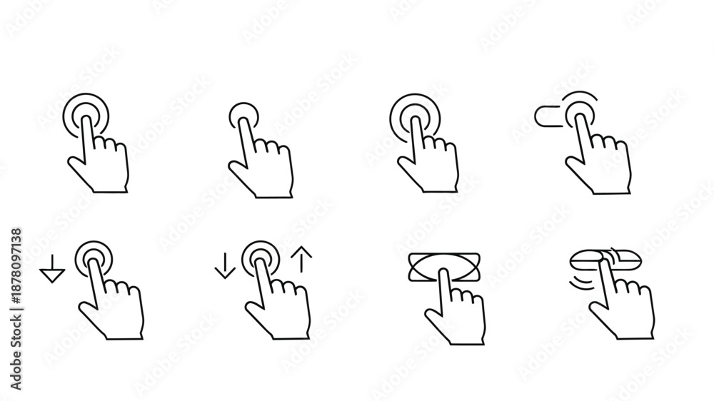 Fototapeta premium Collection of hand gestures and touch interactions depicted with simple line art illustrations