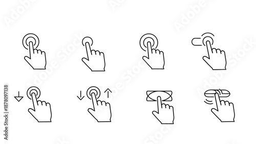 Collection of hand gestures and touch interactions depicted with simple line art illustrations