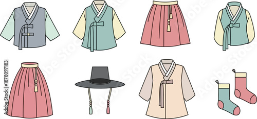 Traditional korean hanbok clothing items flat vector illustration set historic costumes for culture holiday celebration