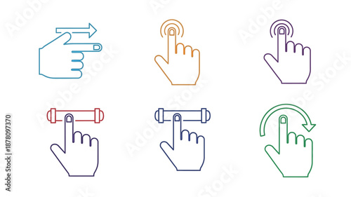 Illustrative hand gestures pointing tapping rotating and gripping actions depicted in colorful line art