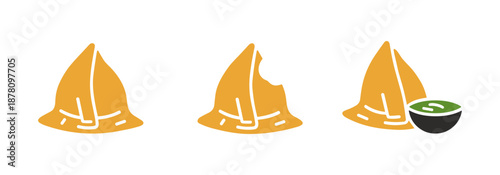 Samosa, Desi snack, Samosa with chutney icon logo flat vector design