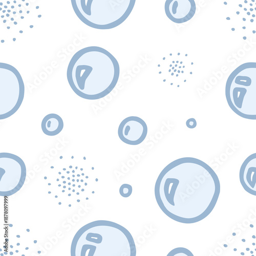 Freehand drawn cartoon soap shampoo bath burst bubbles of different sizes made in kid childish style on white background. Vector seamless pattern.