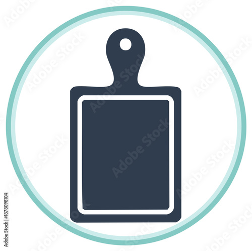 Cutting board icon in a blue circle representing food preparation and kitchen utensils for cooking and culinary arts