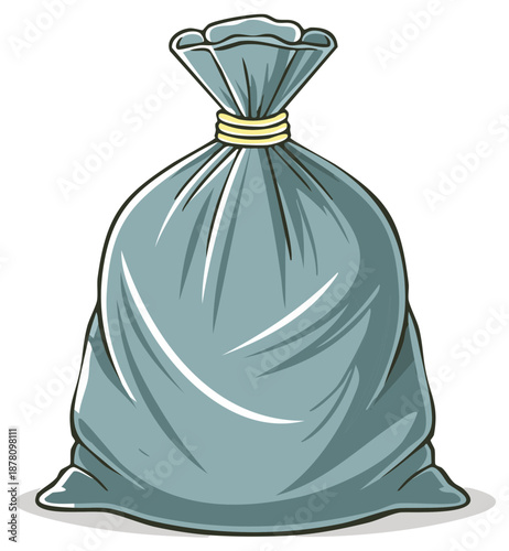Cartoon style filled plastic garbage bag illustration tied and sealed isolated.