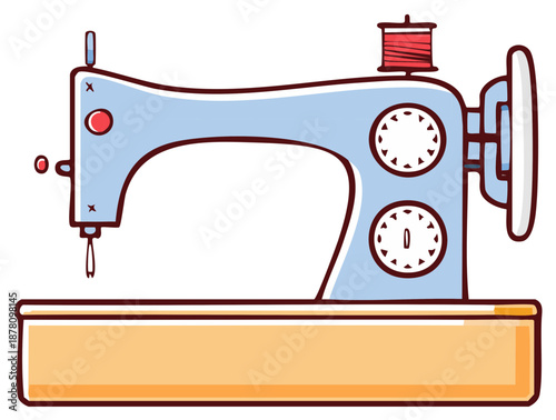 Classic light blue sewing machine with red thread spool for crafting textile arts and fashion design