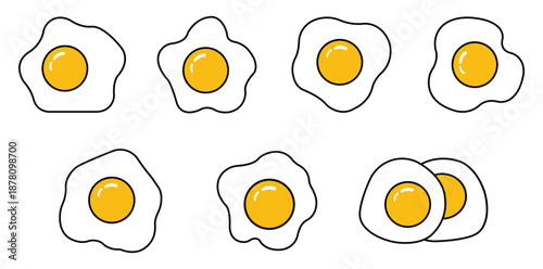 PrintA delightful and illustrative vector collection showcasing seven distinct fried eggs, each with a perfectly round, vibrant yellow yolk and varying organic white shapes, meticulously designed 