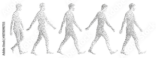 Abstract molecule-based human figure walking animation, simple walk cycle steps, futuristic science concept, digital healthcare, biotechnology, AI motion design on clean background