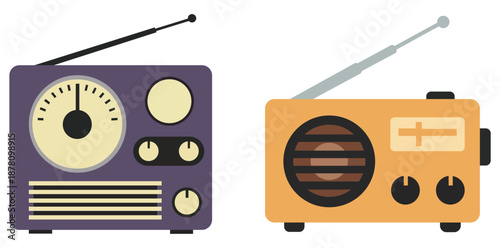 PrinA charming vector illustration showcasing two distinct vintage-style radio receivers, one in a deep purple hue with a prominent circular dial and classic horizontal grilles,