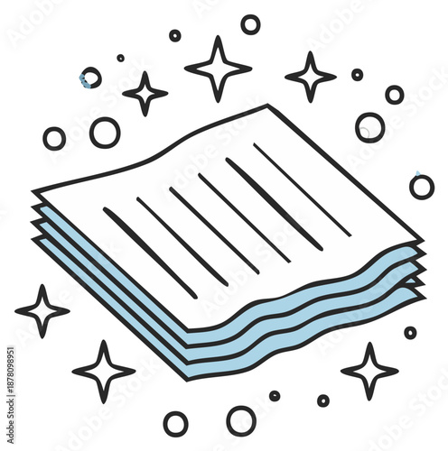 Neatly folded stack of clean laundry or cloths with sparkling fresh effect illustration