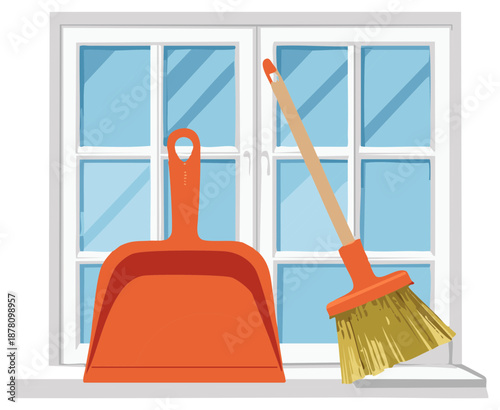Dustpan and Broom Resting Near Window Cleaning Equipment for Home Maintenance