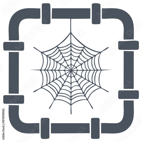 Spiderweb hanging from square industrial pipe system illustration