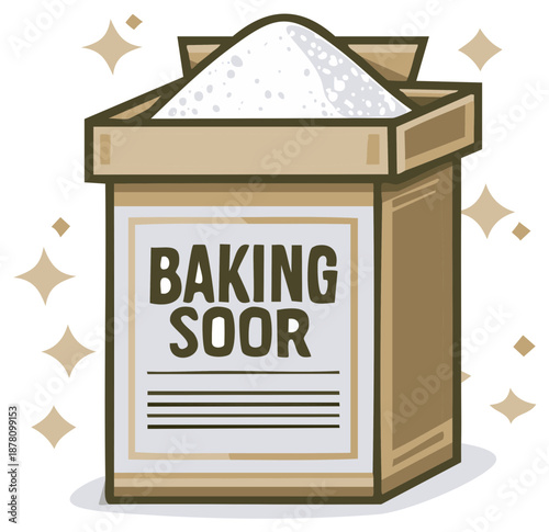 Cartoon illustration of a box of baking powder with overflowing white powder and sparkling accents