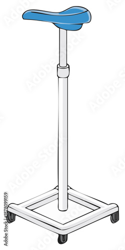 Adjustable height mobile stool with blue saddle seat and rolling casters