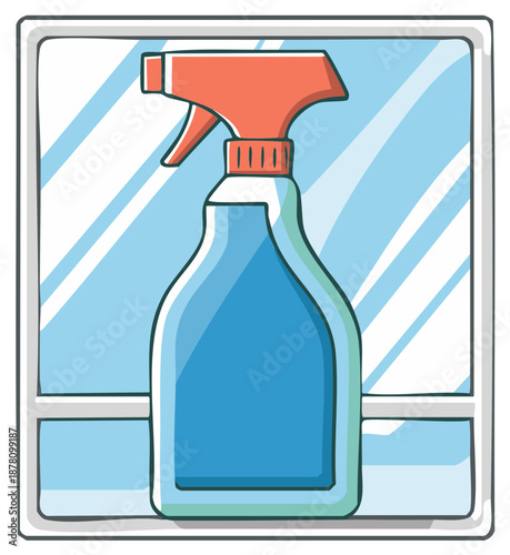 Cartoon Style Spray Bottle Against Window Glass with Cleaner Liquid for Cleaning and Hygiene