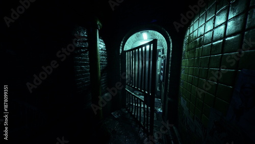 Obraz na plátně A dimly lit corridor invites curiosity, featuring a metallic gate partially open