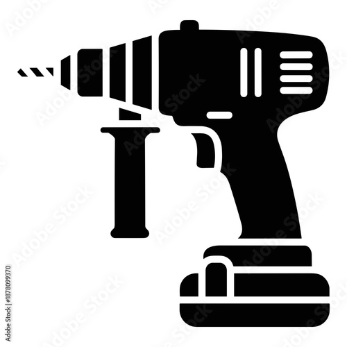 Silhouette icon illustrating a powerful cordless electric drill with an auxiliary handle, essential for construction and demanding DIY home improvement projects.