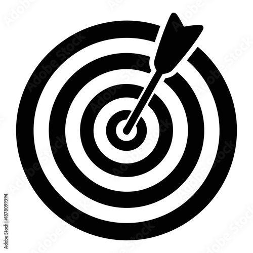 Simple black and white icon depicting a clearly defined archery target with an arrow precisely hitting the bullseye, symbolizing focused achievement and strategic success.