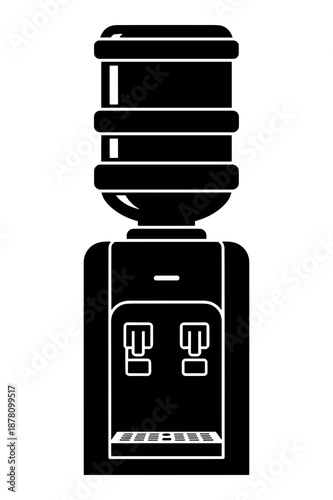 Minimalist black and white icon illustrating a standing electric water cooler dispenser featuring a large inverted bottle on top and dual spigots below for refreshment.