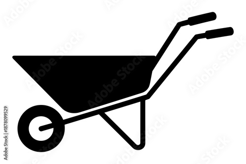 Simple black silhouette icon representing a classic construction wheelbarrow used for heavy lifting and material transport in gardening or building projects