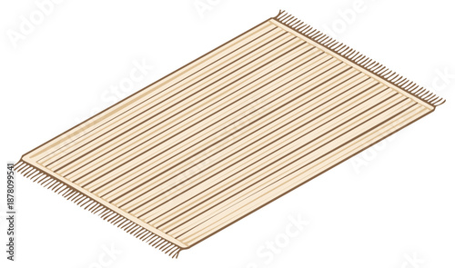 Simple tan and brown striped woven rug with fringe detail illustration