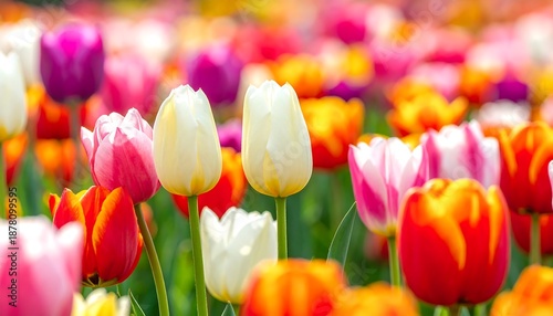 Vibrant, colorful tulips blooming in a large field, showcasing a spectrum of shades in bright sunshine and soft focus