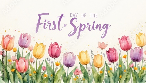 First day of spring greeting card. Colorful tulips and wildflowers blooming on a white background with elegant typography, floral, seasonal, nature, celebration.