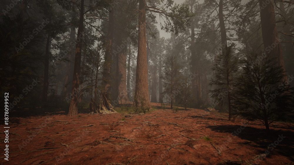 Obraz premium Tall trees surround a winding path, enveloped in a light mist. The earth reflects brown tones, inviting exploration in this serene and quiet forest setting.