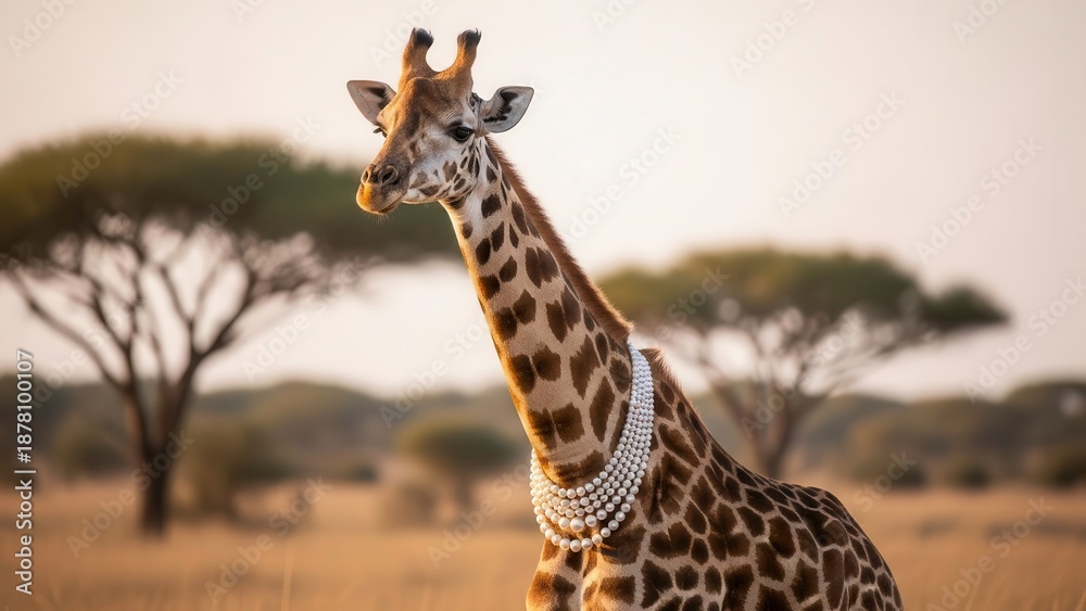 Obraz premium Giraffe wearing pearl necklace in savannah at sunset, majestic wildlife portrait