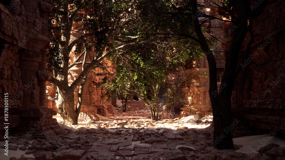 Obraz premium Sunlight filters through ancient trees, illuminating stone ruins overgrown with foliage. The scene is tranquil, showcasing nature reclaiming the remnants of a lost civilization.