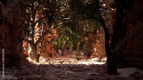 Photos Sunlight filters through ancient trees, illuminating stone ruins overgrown with foliage