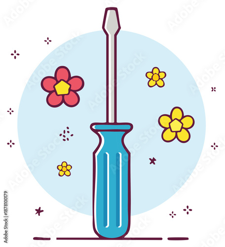 Simple illustration of a blue handled flathead screwdriver surrounded by cartoon flowers and sparkling elements