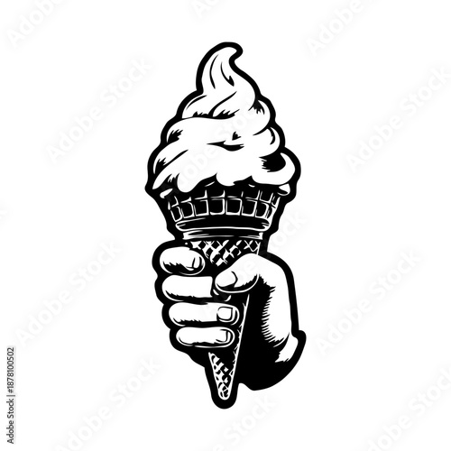 A hand gripping an ice cream cone with soft serve, vintage black and white drawing style, isolated on white background, concept of dessert treat