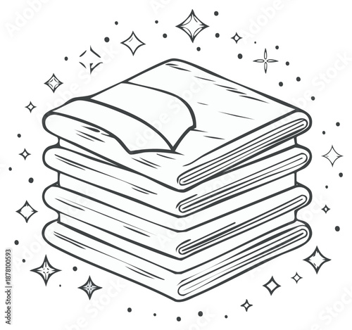 A black and white line art illustration of a neatly folded stack of clean laundry with sparkles