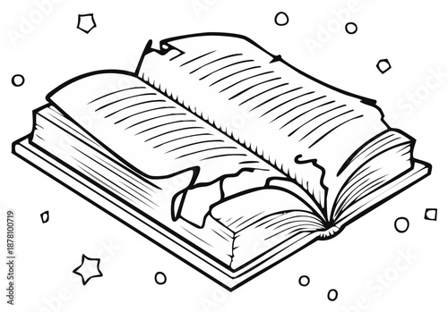 Open book illustration with magical stars and details.