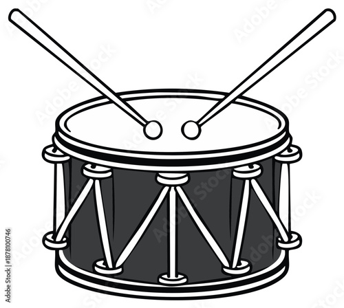 Classic drum with drumsticks illustration in monochrome, showing musical instrument and percussion
