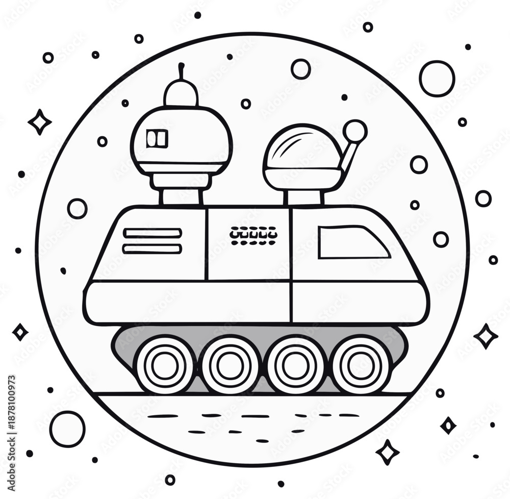 Obraz premium Moon rover vehicle coloring page for kids black and white space illustration