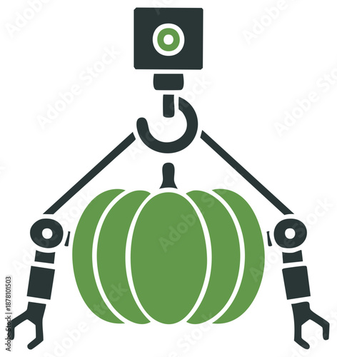 Agricultural robot with crane and arms holding a large pumpkin vector icon