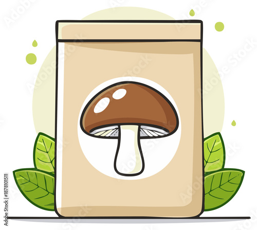 Mushroom food product packaging with a cartoon logo and green leaves vector illustration