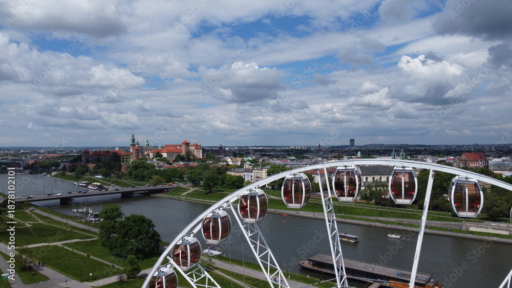 Obraz premium Aerial view of historic architecture and urban landscape in Poland, showcasing European cityscape, river and landmarks.