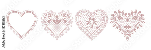 Elegant hand drawn lace hearts frame set, romantic retro doodle Valentine’s Day design, wedding invitation and greeting background, delicate decorative February border