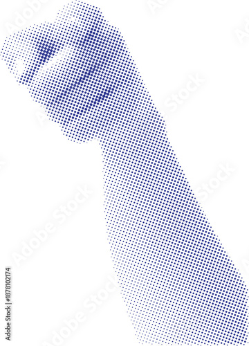 Vector art of blue pixelated illustration of a raised fist on with a powerful gesture