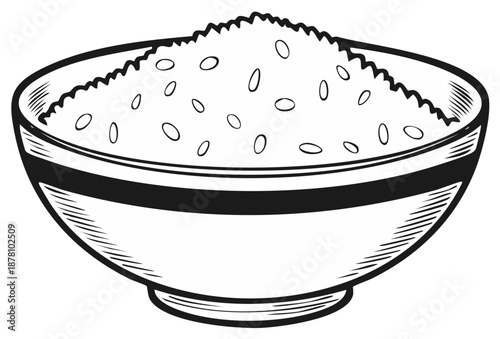 Monochrome line art illustration of a simple bowl of cooked rice