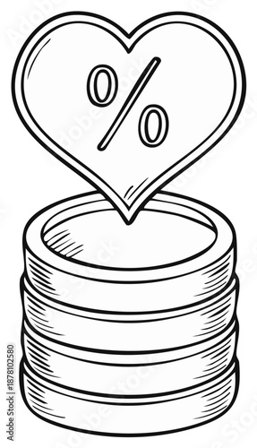Loyalty bonus and charity donation concept with a heart percent sign and coins sketch