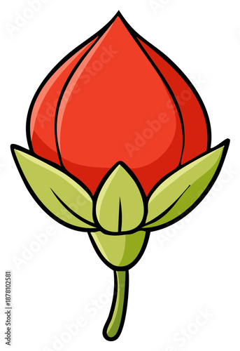 Bright Red Flower Bud Cartoon Drawing with Green Sepals