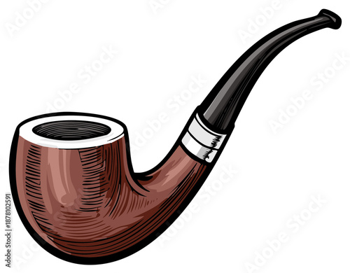 Classic briar wood smoking pipe with black stem and metal band detail
