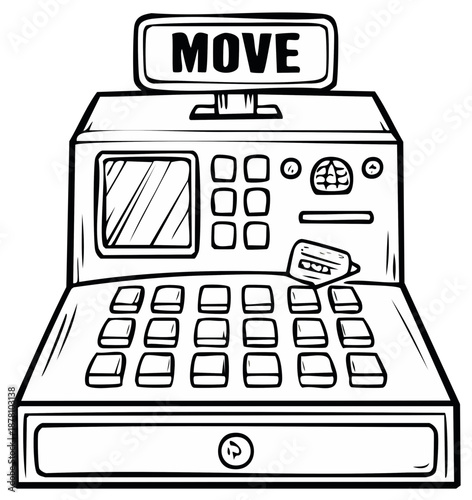 Stylized Cartoon of an Electronic Machine with Buttons and the Word MOVE Displayed