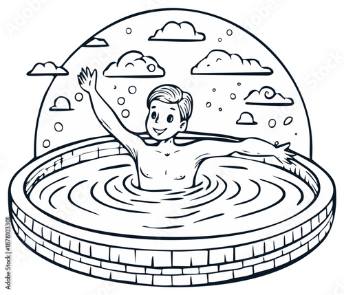 Happy man relaxing in hot tub with cheerful smile and welcoming wave in stylized outline art